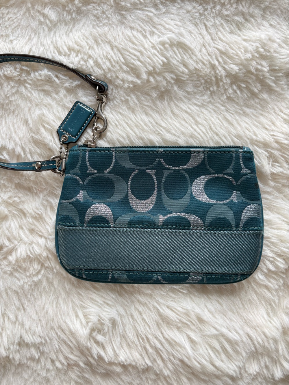 Coach Teal Signature Wristlet with Silver Logo Accent